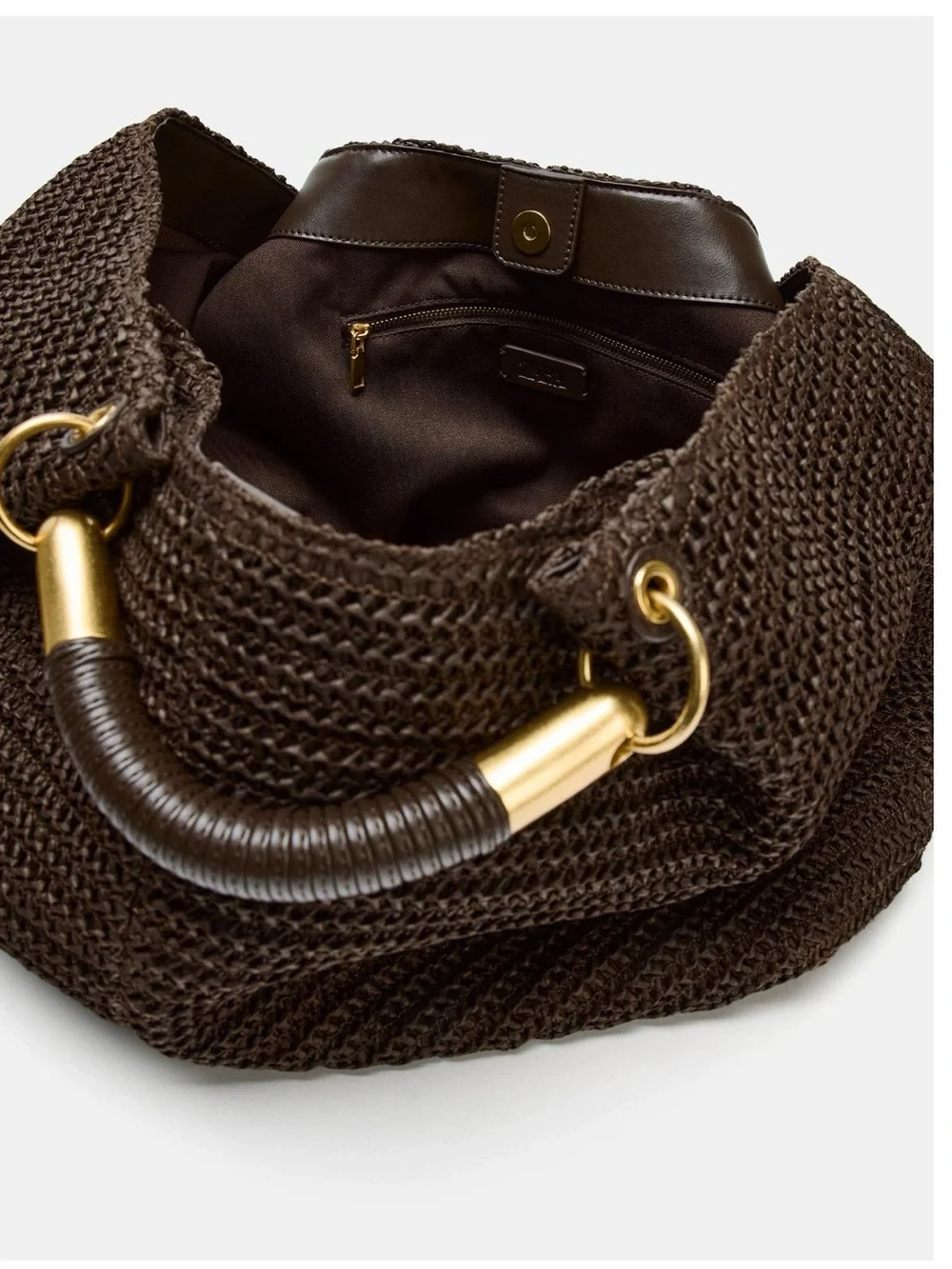 Zara Woven Tote Handbag in Dark Brown with Gold Accents